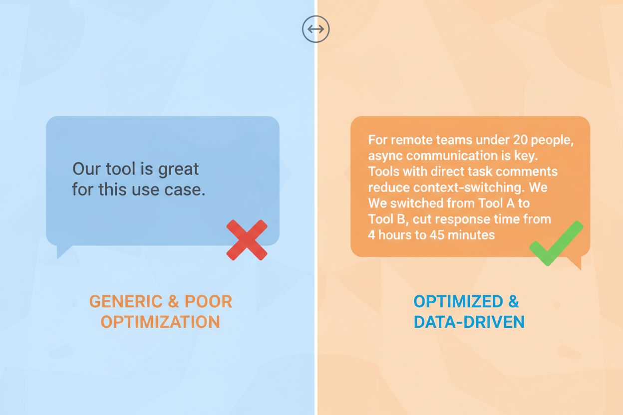 Comparison of generic vs AI-optimized Reddit comments showing specific metrics and clear structure