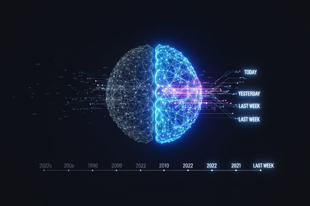 Digital brain with neural pathways showing recent data highlighted in bright neon blue and purple, while older historical data fades into darkness