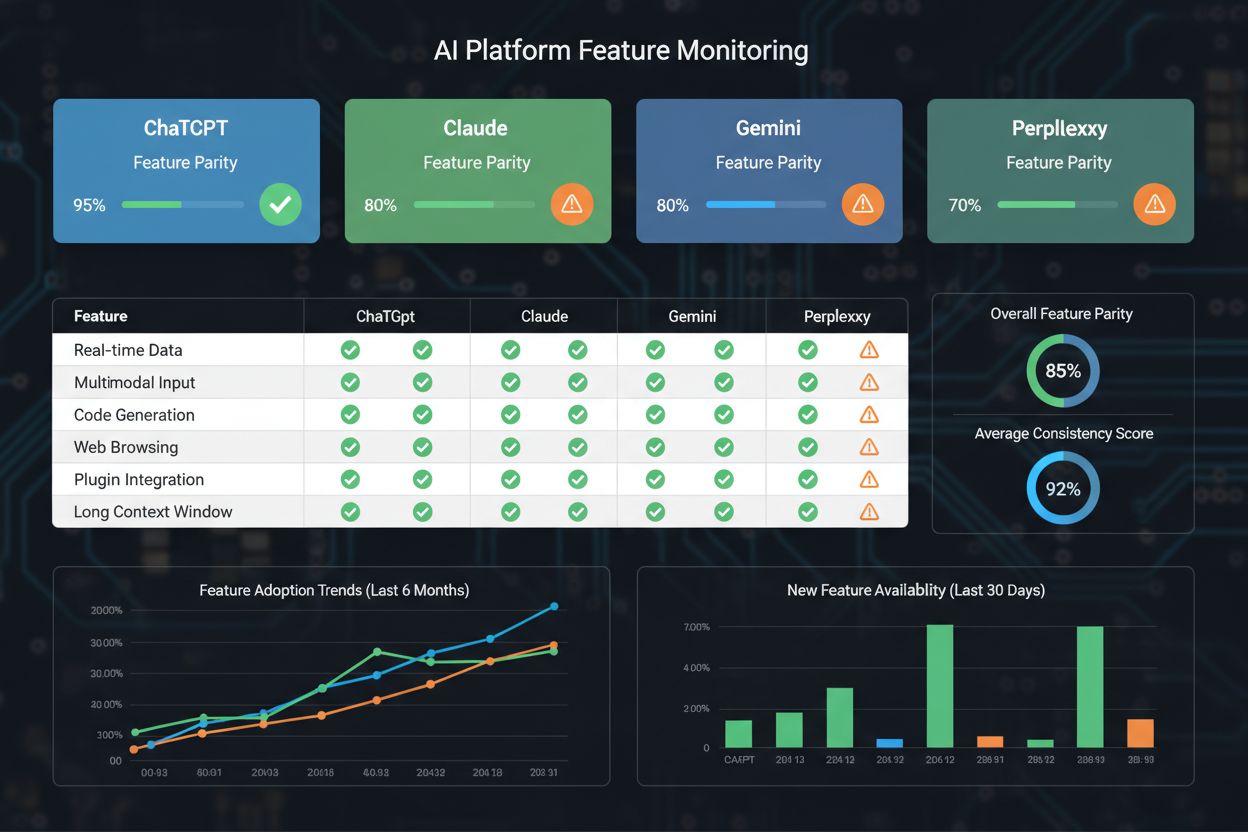 AmICited monitoring dashboard showing AI platform feature tracking and parity metrics