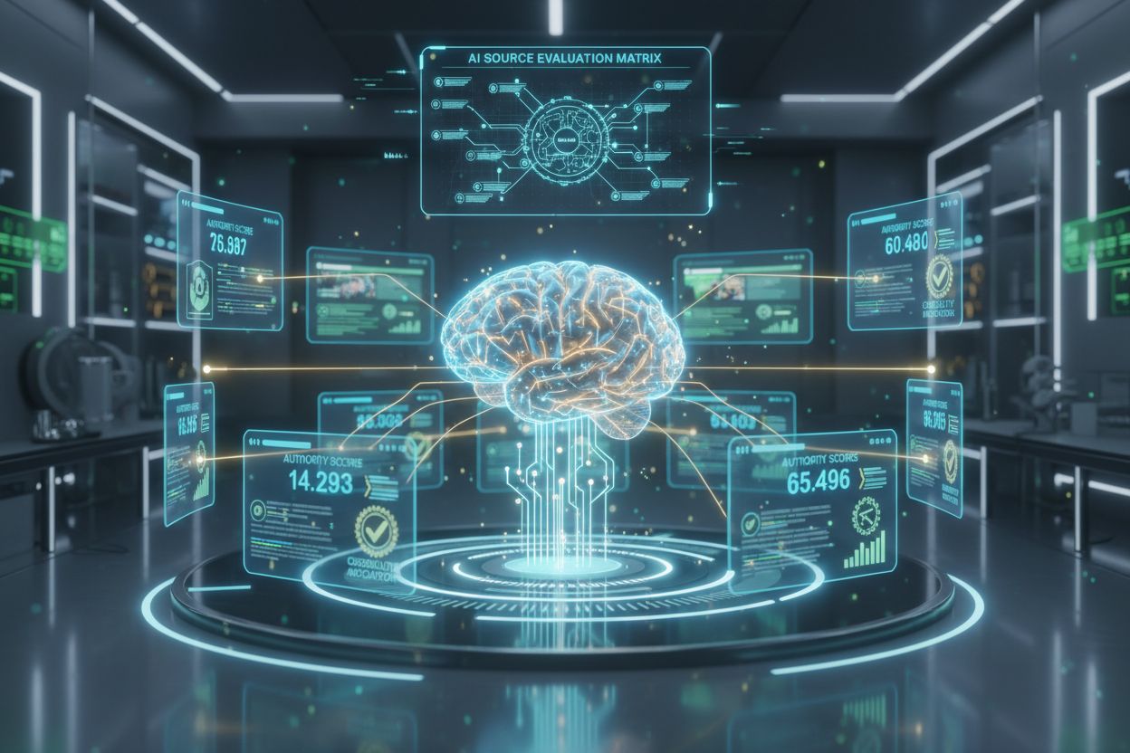 AI system evaluating sources with authority metrics and credibility indicators
