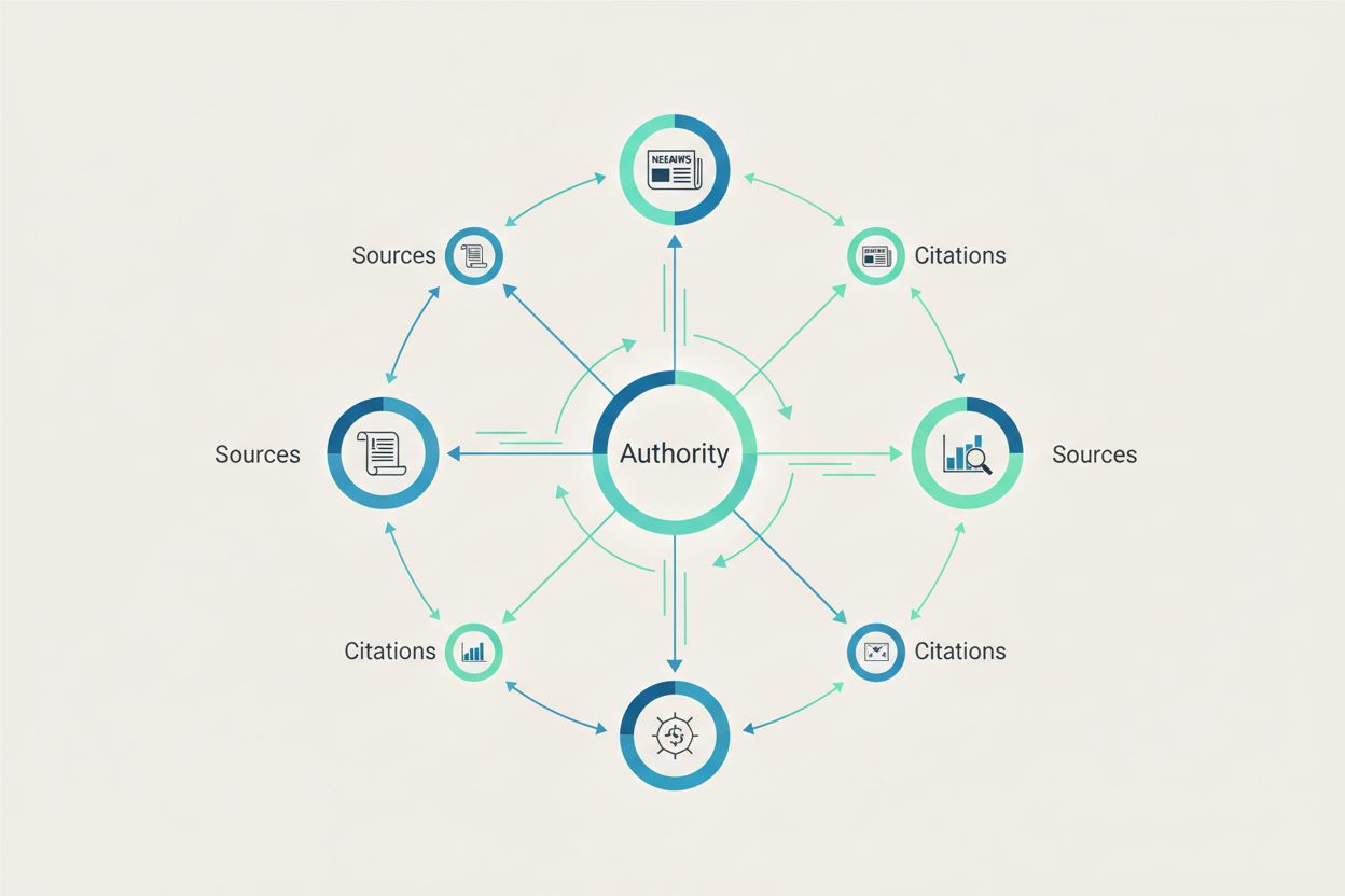 Citation network visualization showing interconnected sources and content pieces with citation relationships