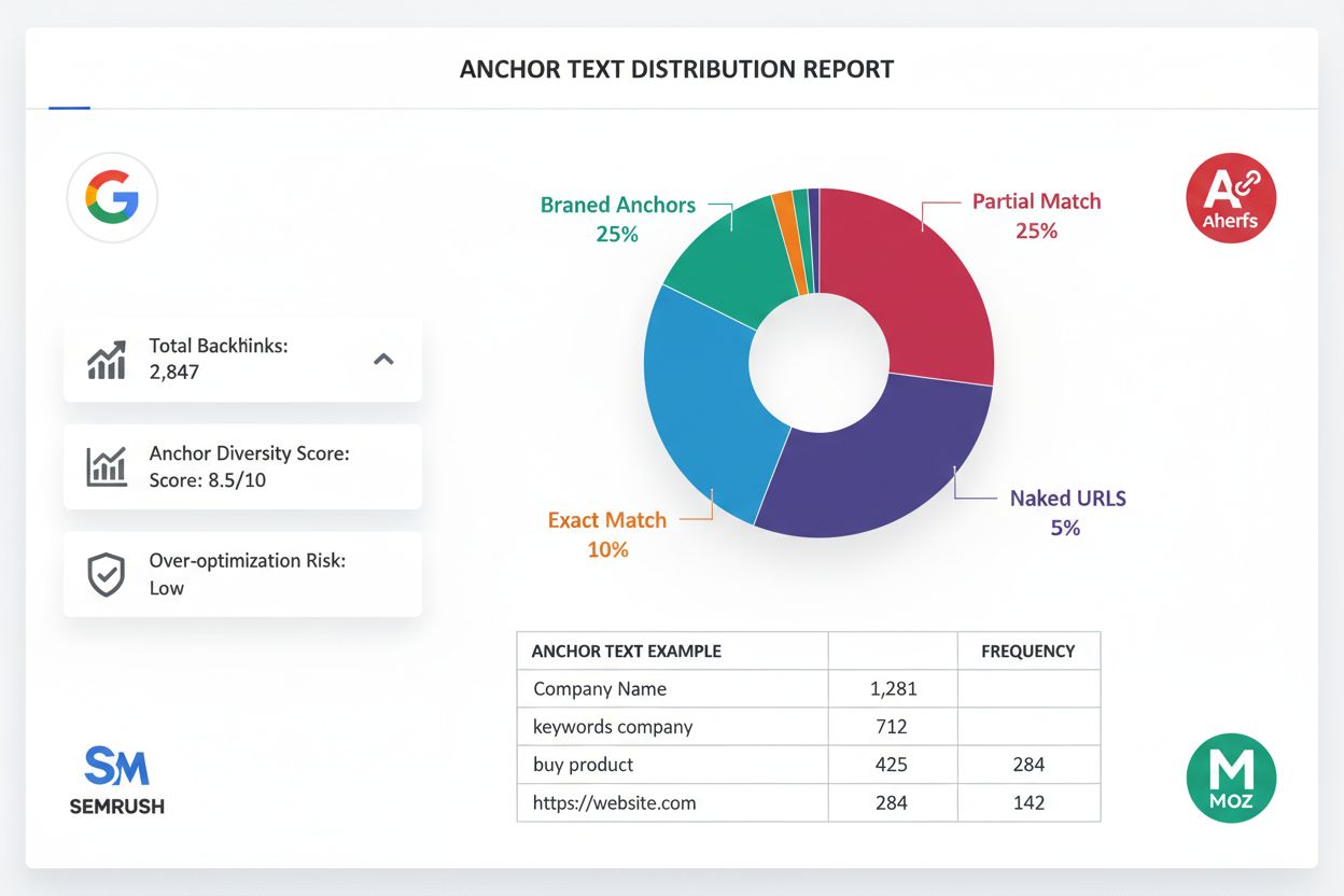 Analytics dashboard showing anchor text distribution metrics with pie charts and monitoring tools