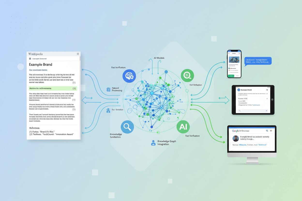 User journey showing Wikipedia notability flowing through AI systems to end users on multiple devices