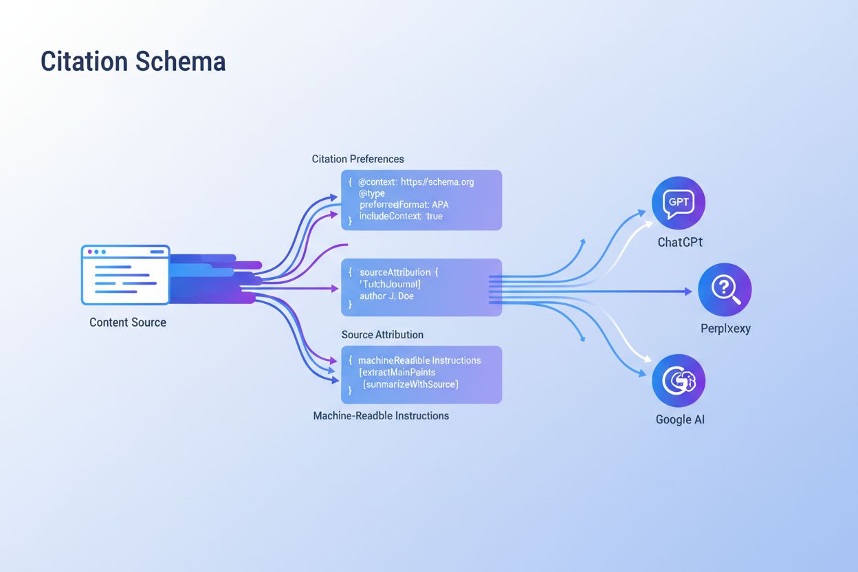 Citation Schema concept showing structured data flowing from website to AI systems