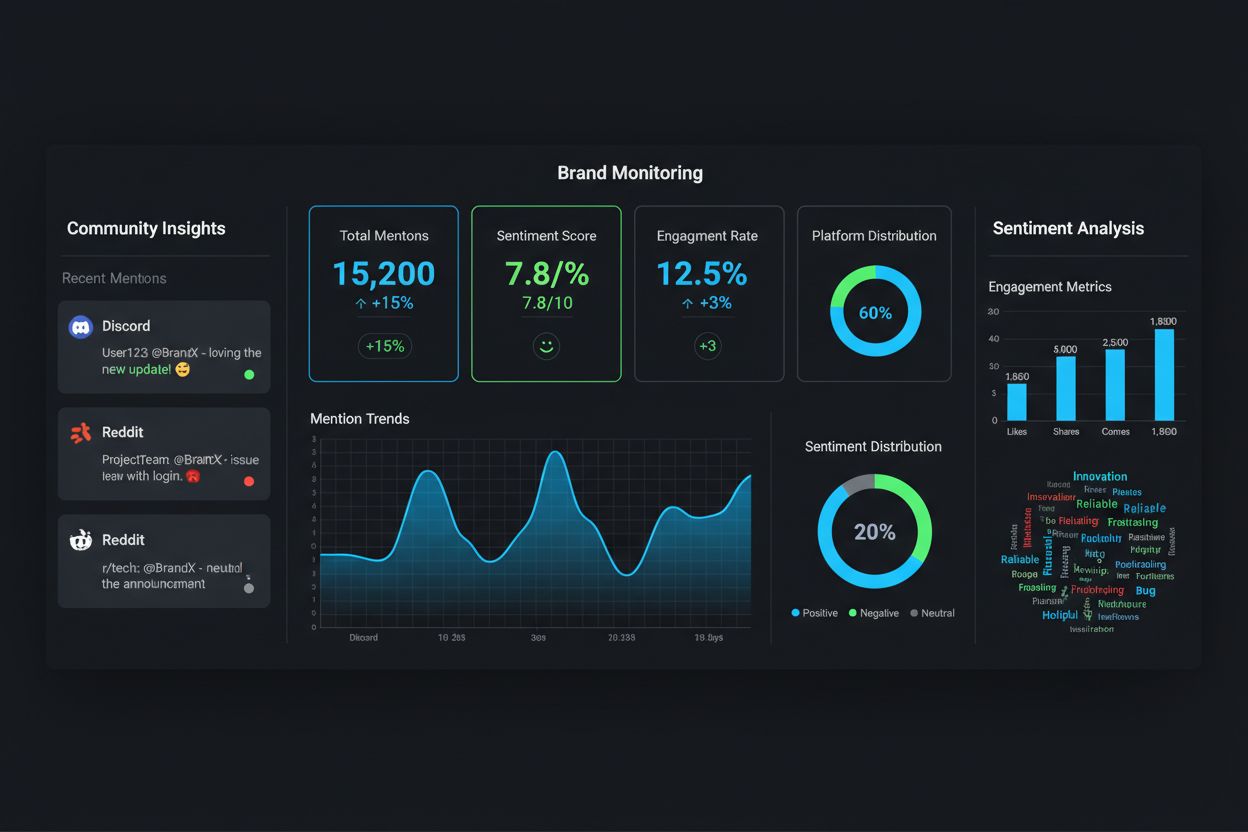 Brand monitoring dashboard showing sentiment analysis and community platform mentions