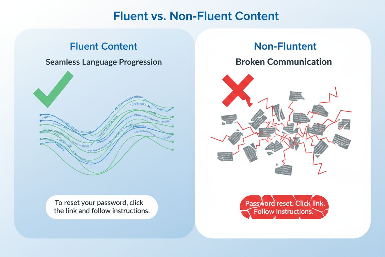 Comparison of fluent versus non-fluent content showing natural flow versus choppy text