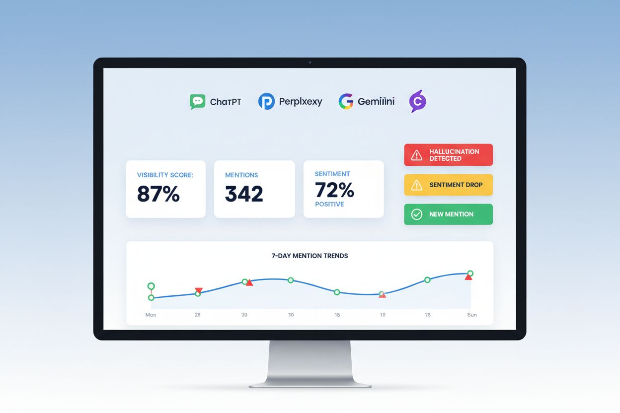 AI brand monitoring dashboard showing real-time alerts and metrics