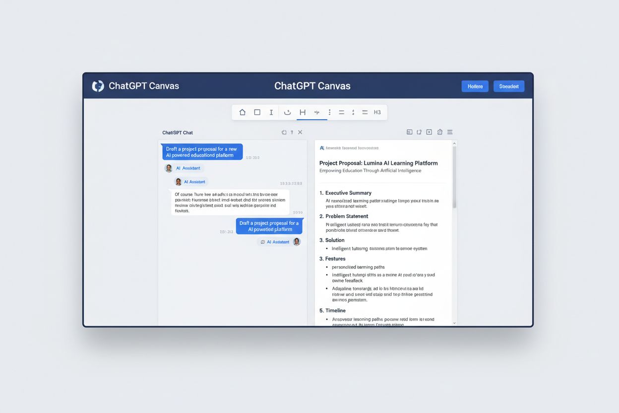 ChatGPT Canvas interface showing split-screen collaborative workspace with document editing panel
