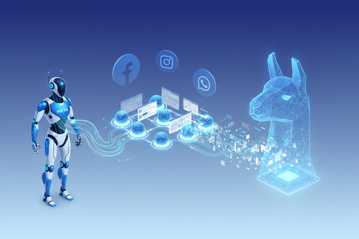 Meta-ExternalAgent web crawler system architecture showing bot crawling websites and feeding data to LLaMA AI model