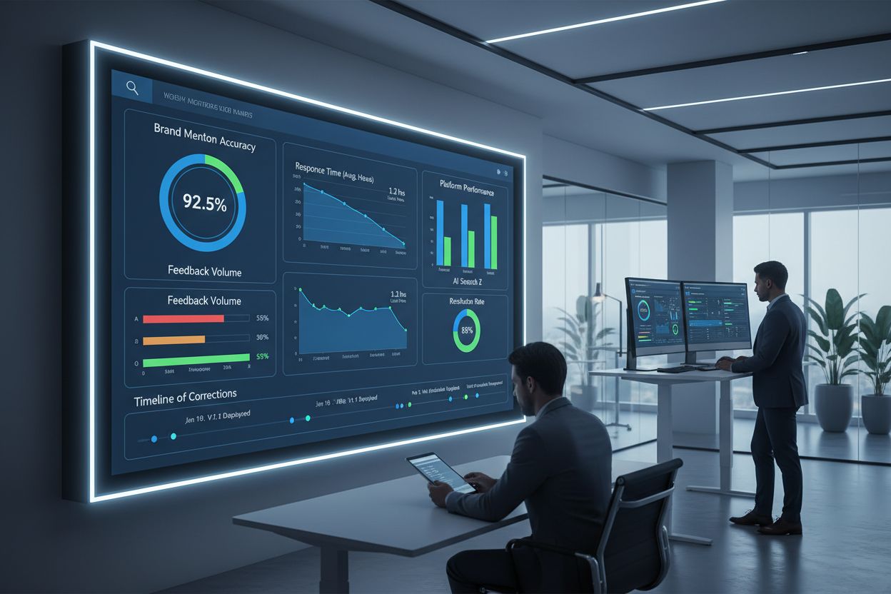 Analytics dashboard showing AI brand monitoring metrics, feedback tracking, and platform performance comparison