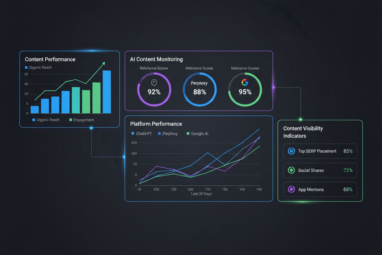AI content monitoring dashboard showing relevance metrics across multiple platforms