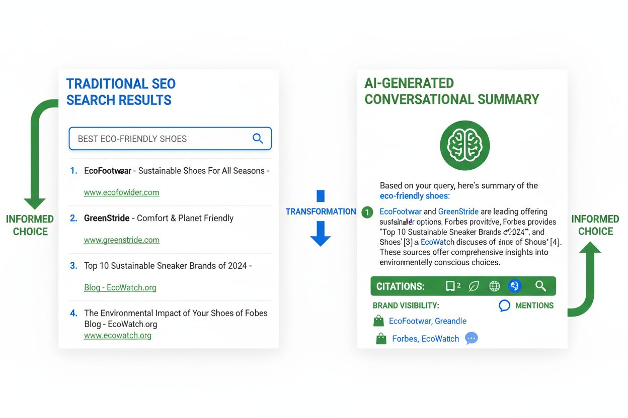 Comparison of traditional SEO search results versus AI-generated summaries showing the shift from keyword rankings to citation-based visibility