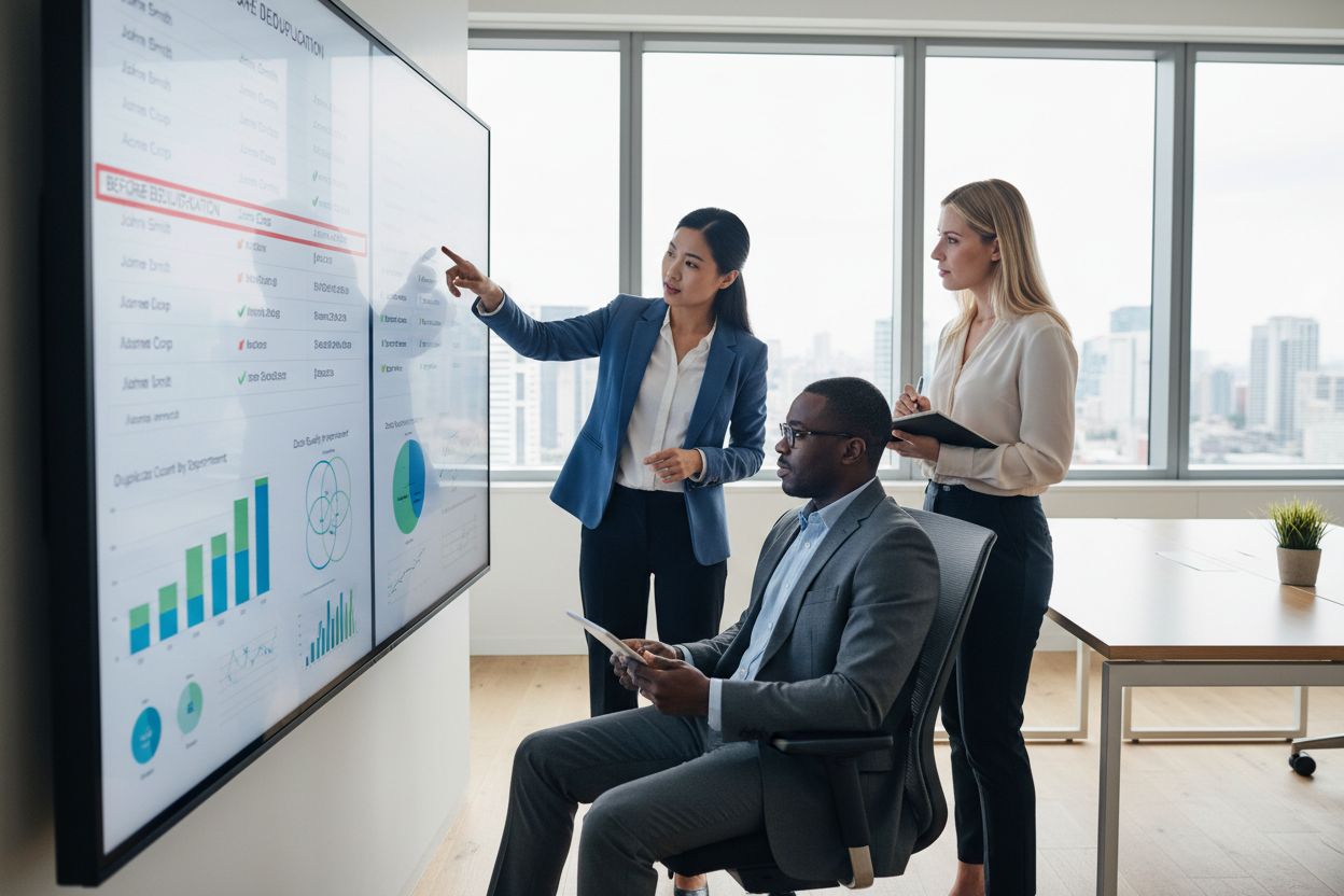 Business team analyzing duplicate data records