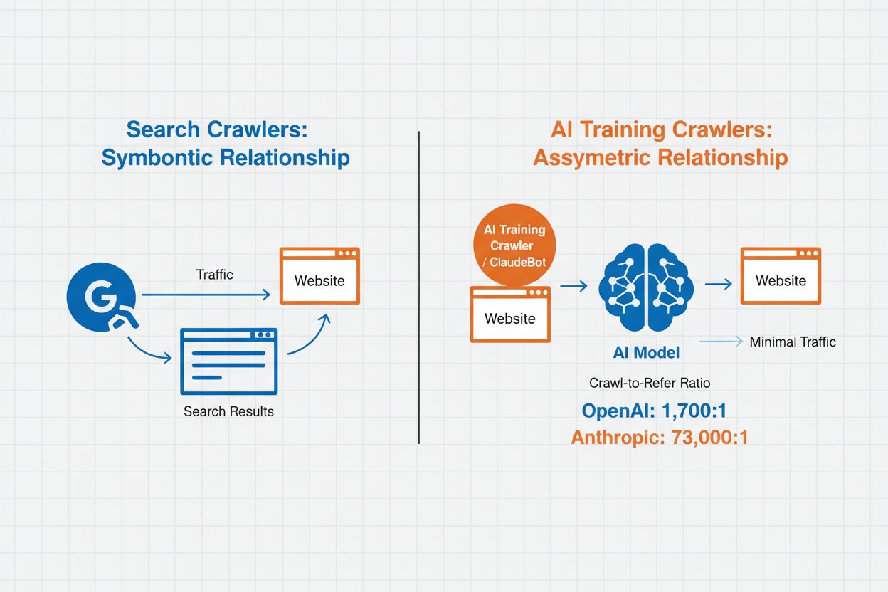 Comparison of traditional search crawlers versus AI training crawlers showing traffic flow and crawl-to-refer ratios