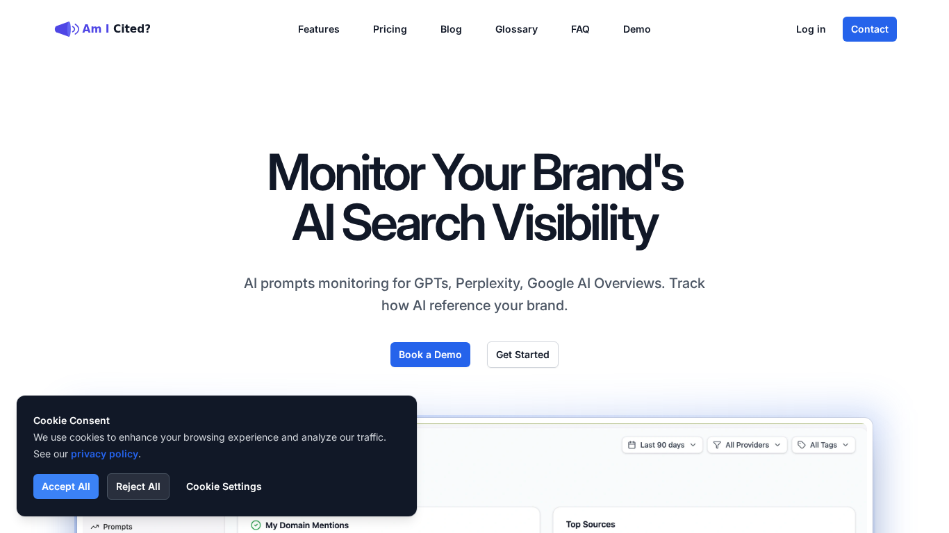 AmICited AI visibility monitoring platform homepage