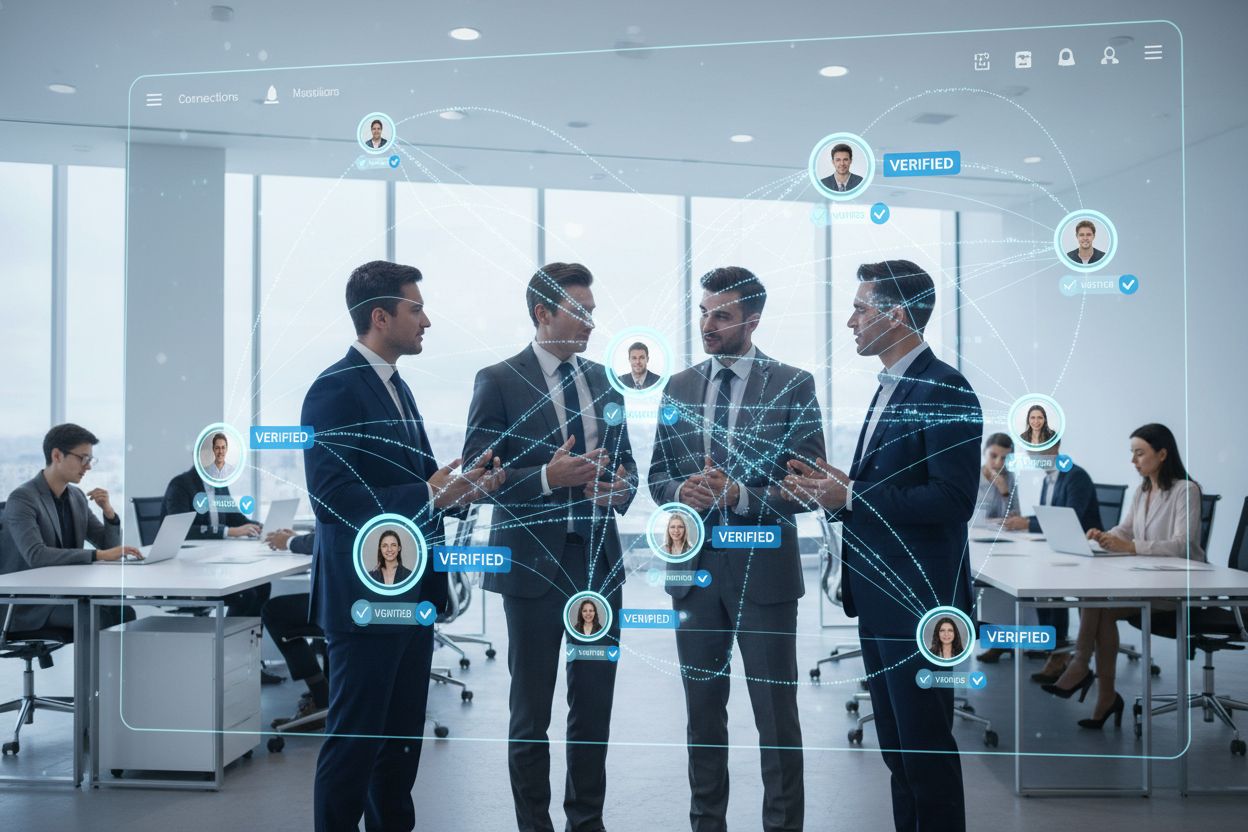 LinkedIn professional network visualization showing verified professionals collaborating and sharing insights