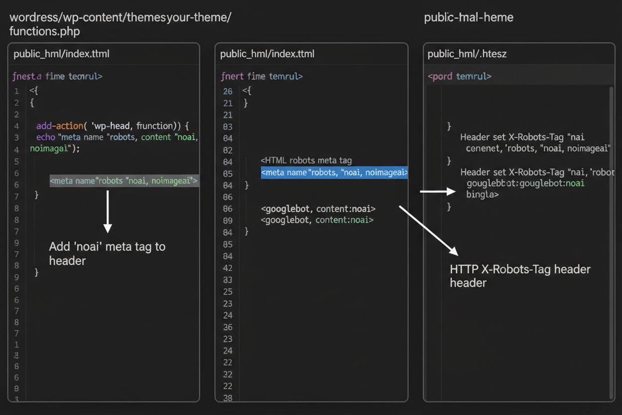 Code editor showing HTML meta tags and HTTP header implementation