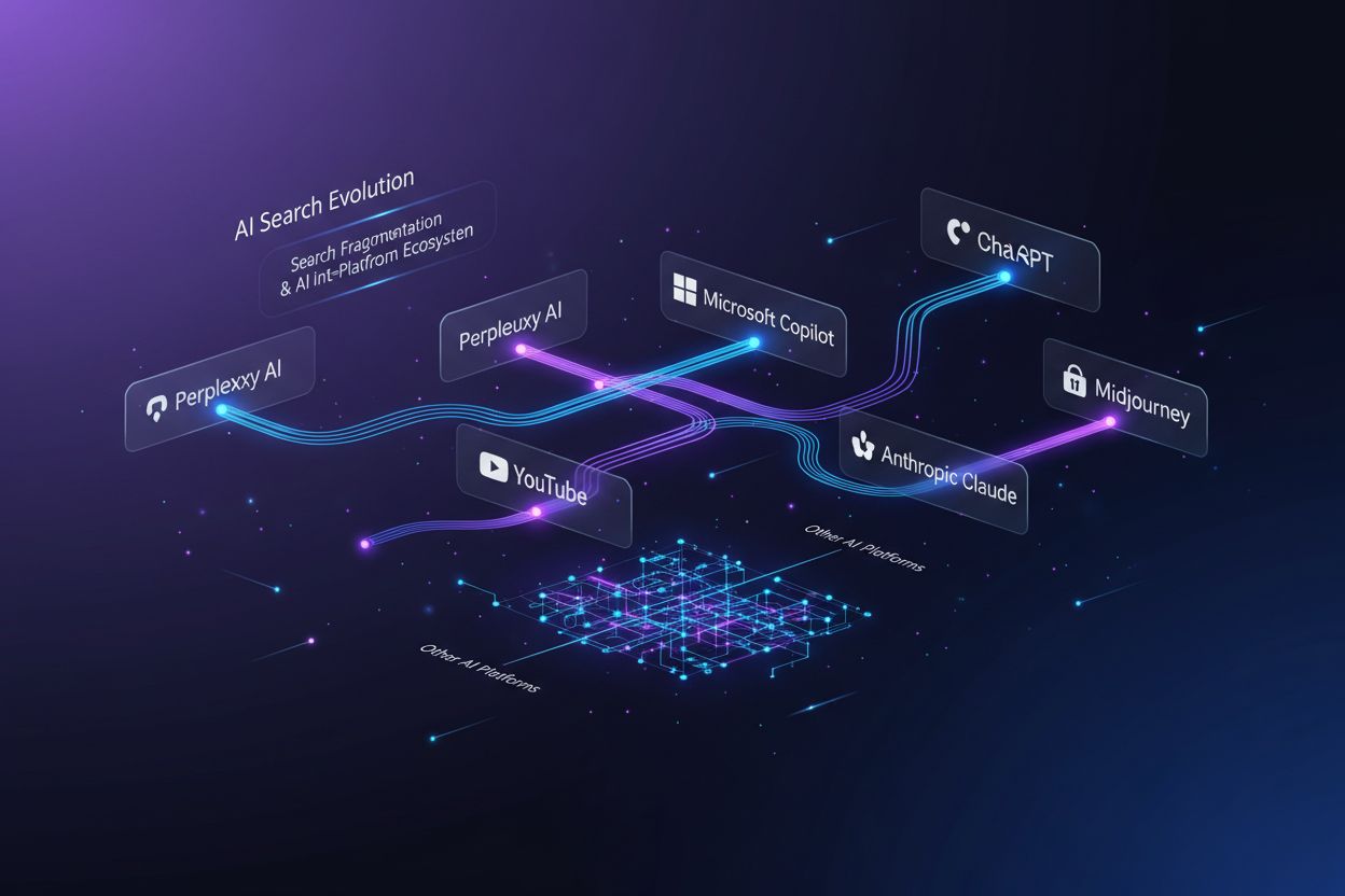Multi-platform AI search ecosystem showing interconnected ChatGPT, Perplexity, Google, and YouTube platforms