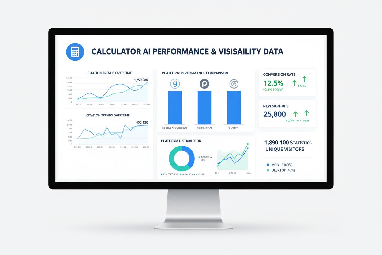Analytics dashboard showing calculator performance metrics and AI platform citations
