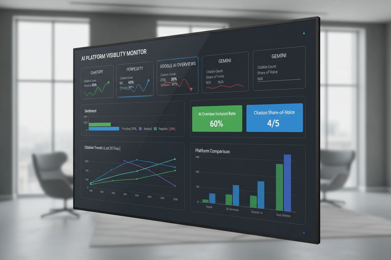 AI visibility monitoring dashboard showing metrics across multiple platforms