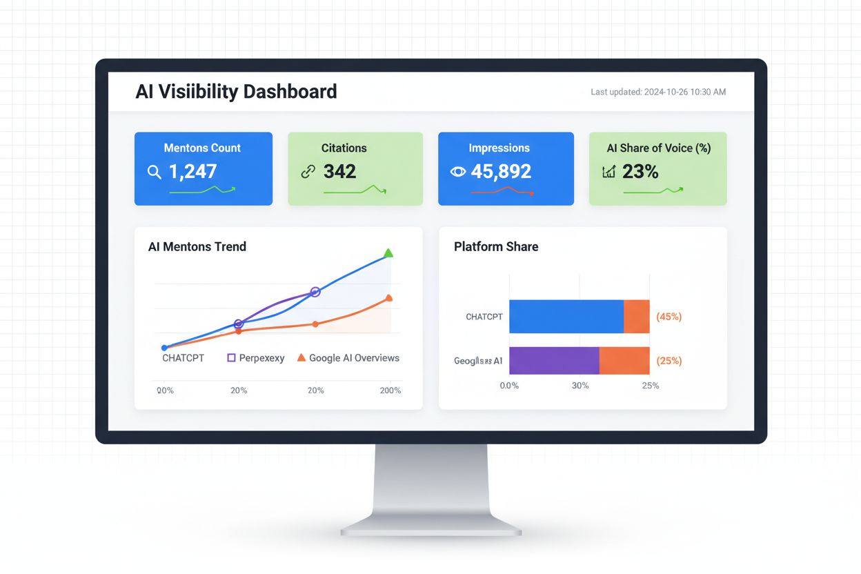 AI Visibility Audit Dashboard showing metrics for mentions, citations, impressions, and share of voice