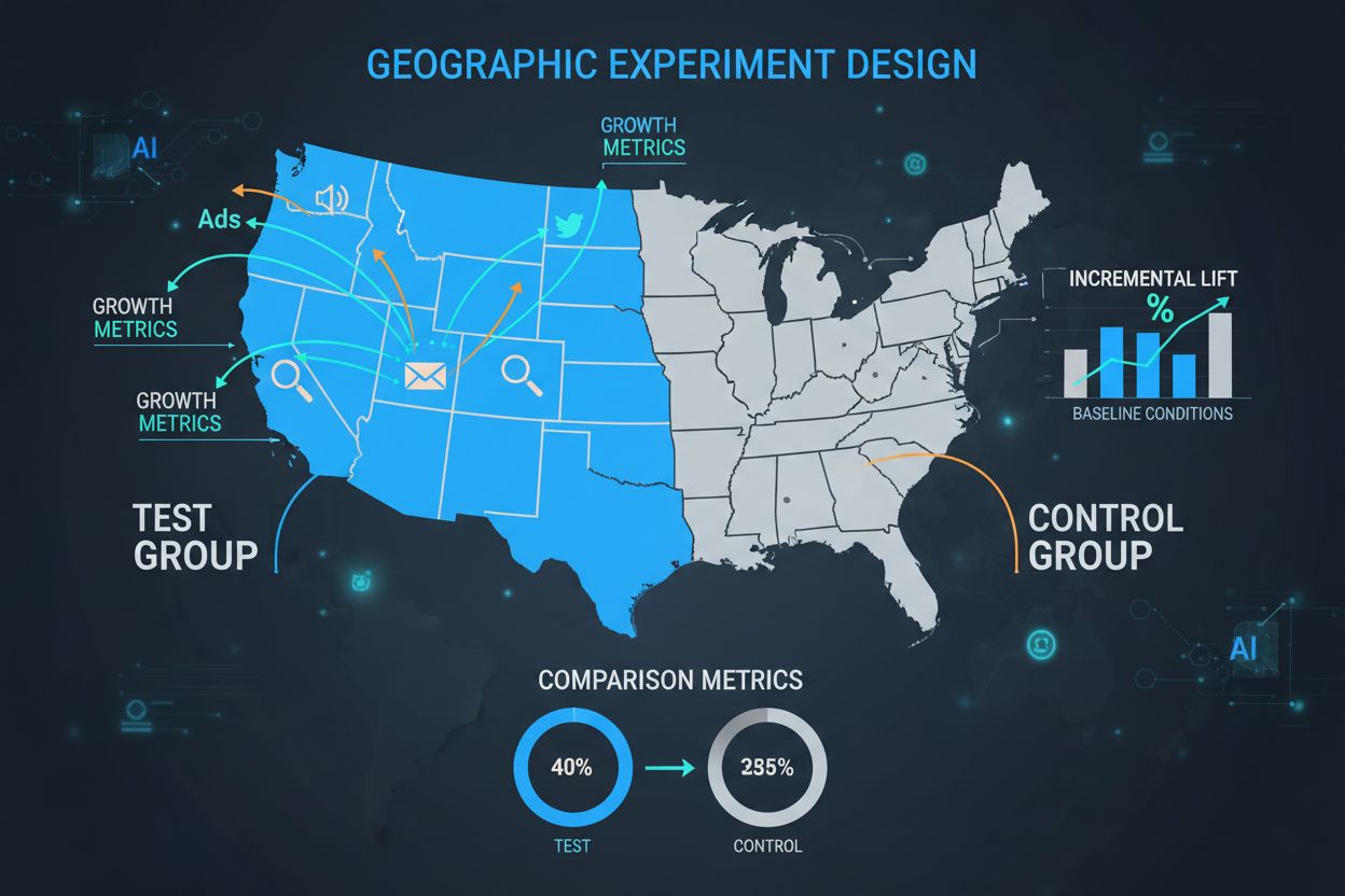 GEO Experiments Overview showing test and control regions with marketing metrics