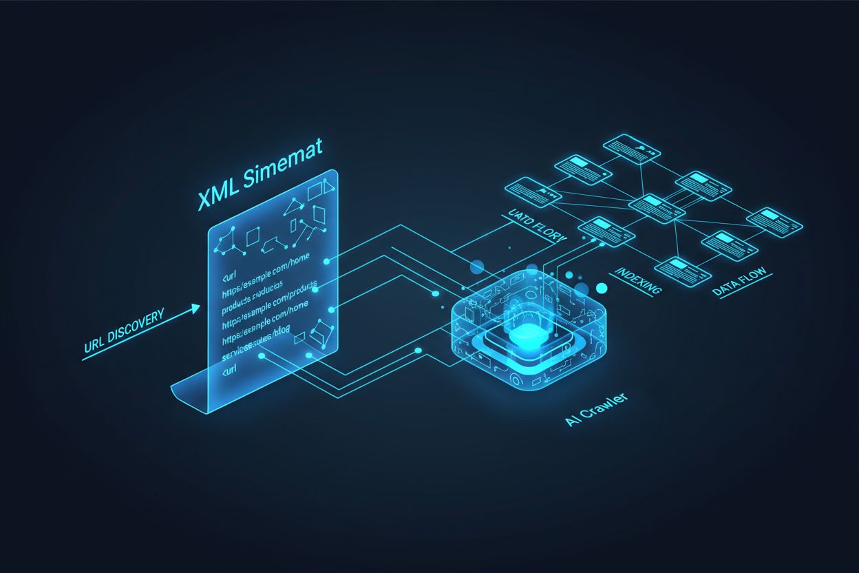 AI crawler discovering website through XML sitemap with glowing data flows