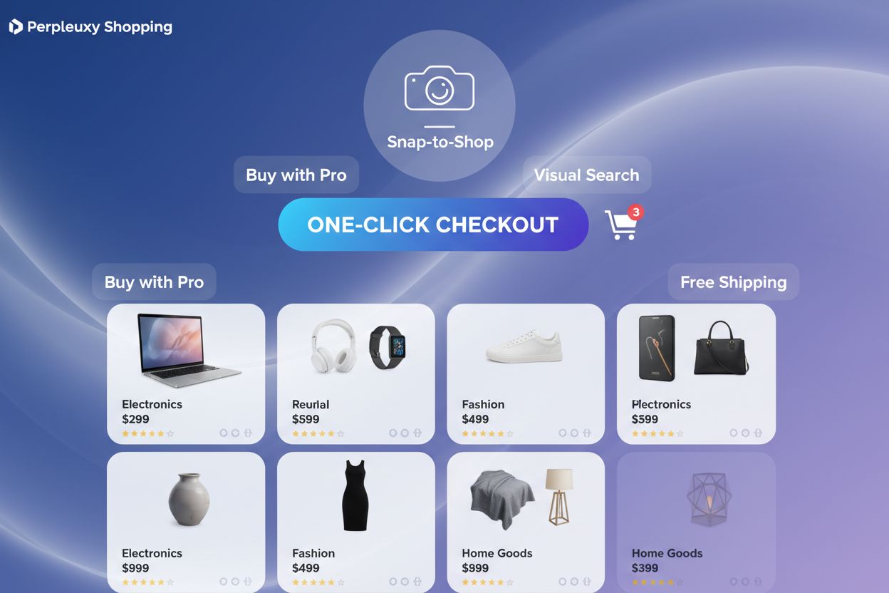 Interfaccia di Perplexity Shopping con product card, ricerca visiva e funzionalità di checkout