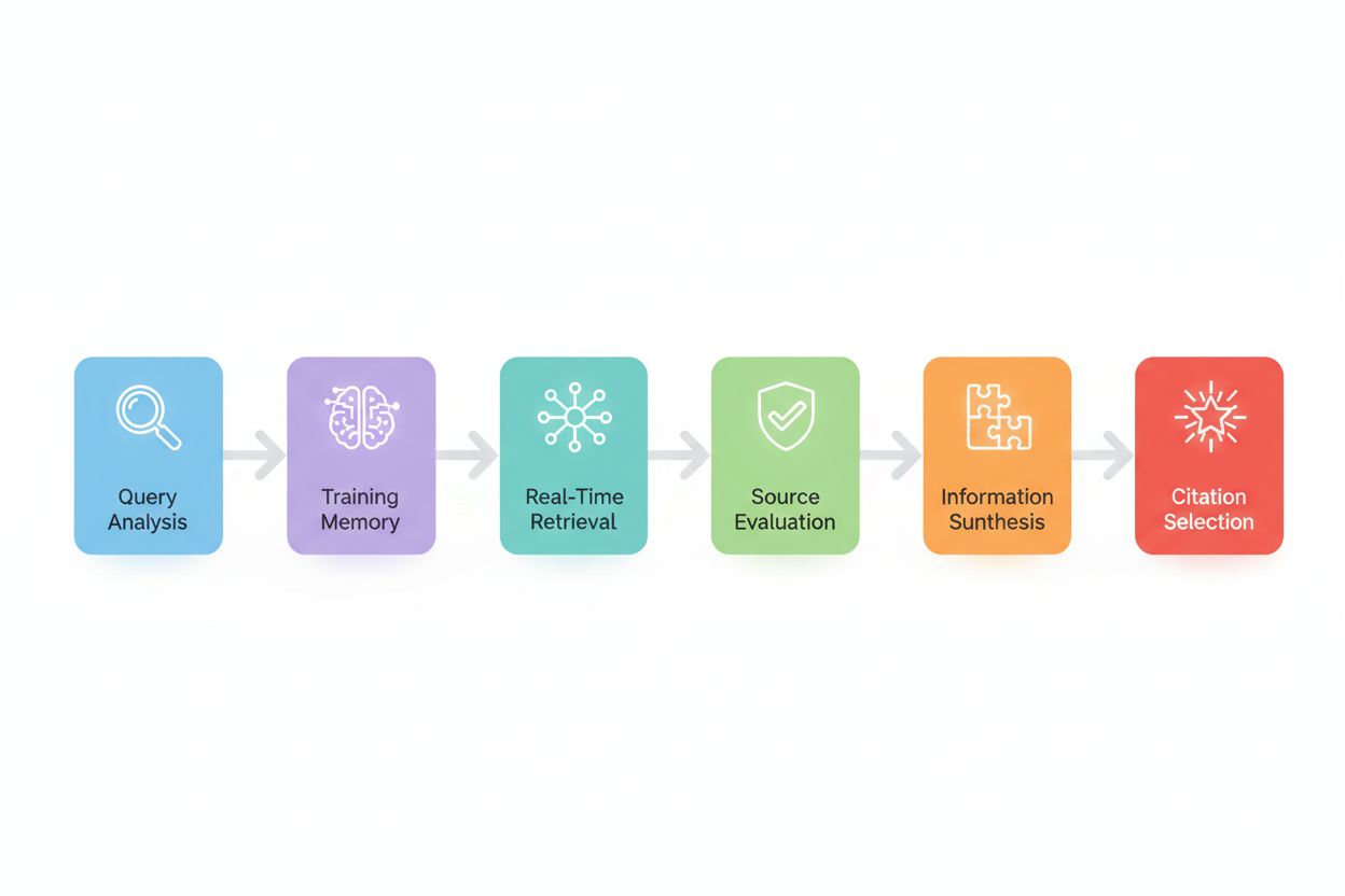 AI system decision architecture flowchart showing six stages from query analysis to citation selection