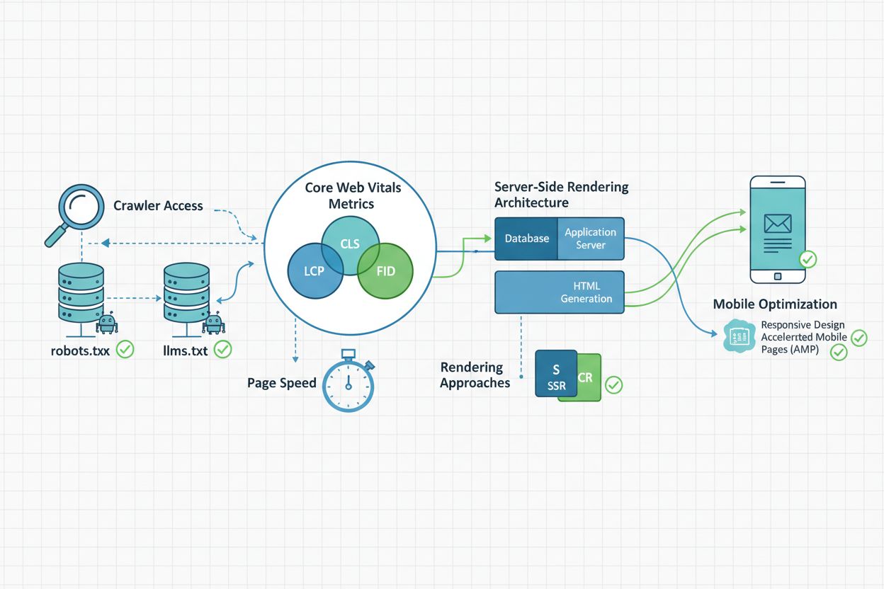Technical infrastructure diagram showing GEO audit components and requirements