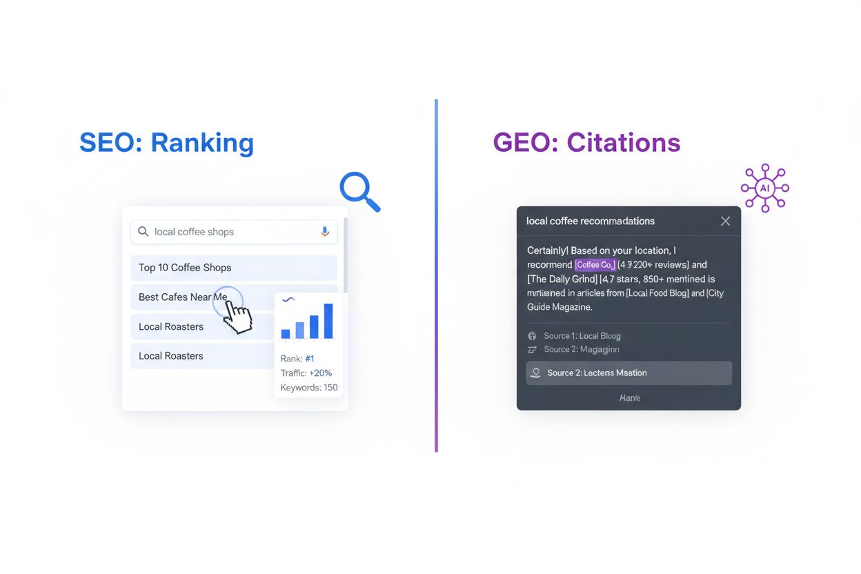 SEO vs GEO comparison showing traditional search results on left and AI-generated answers on right