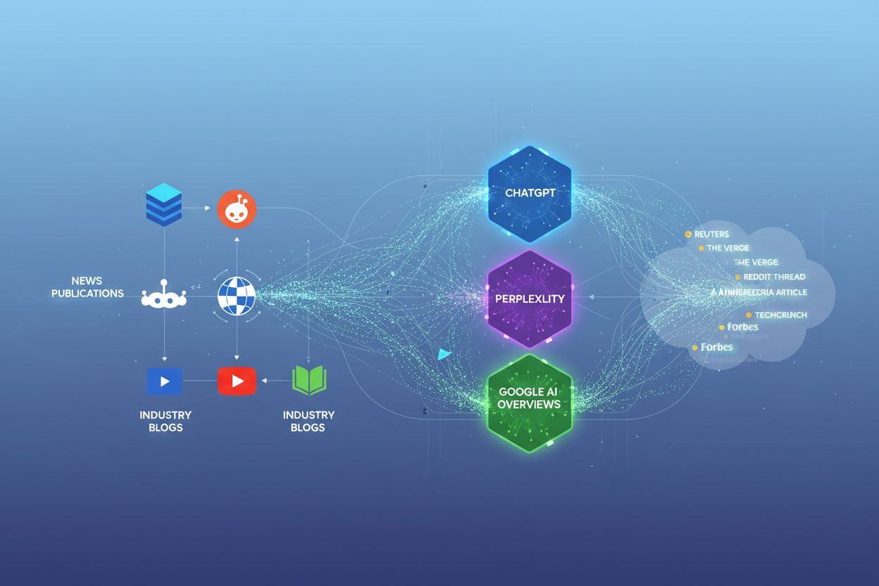 AI discovery ecosystem showing ChatGPT, Perplexity, and Google AI Overviews receiving citations from media sources