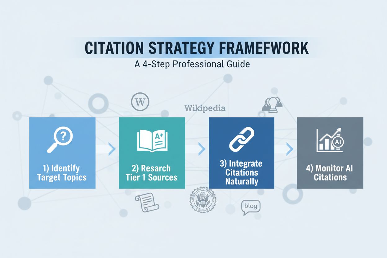 Citation strategy framework showing four steps: identify topics, research sources, integrate citations, and monitor results