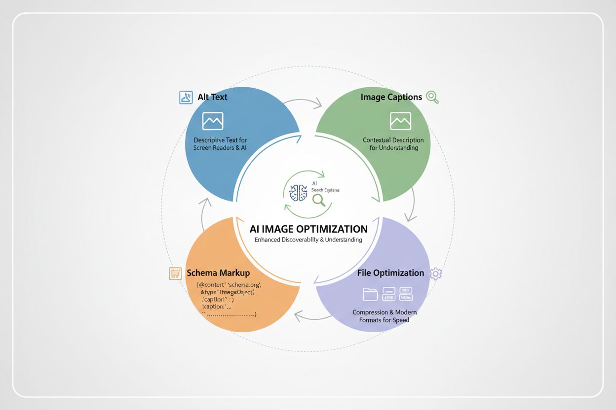 Infographic showing image optimization elements: alt text, captions, schema markup, and file optimization