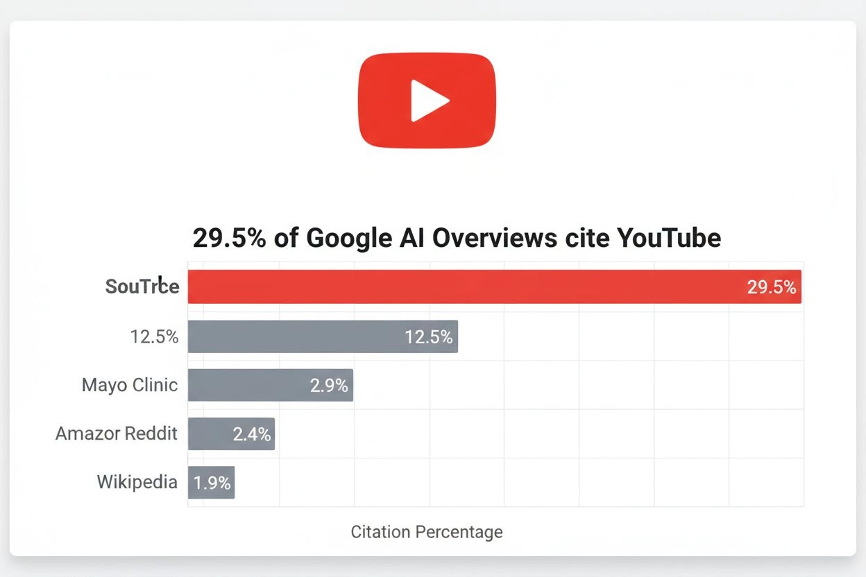 YouTube dominance in AI Overviews citations visualization showing 29.5% citation share
