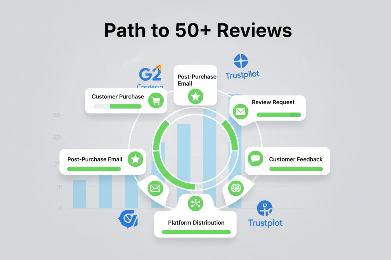 Marketing dashboard showing strategic path to 50+ reviews with workflow steps