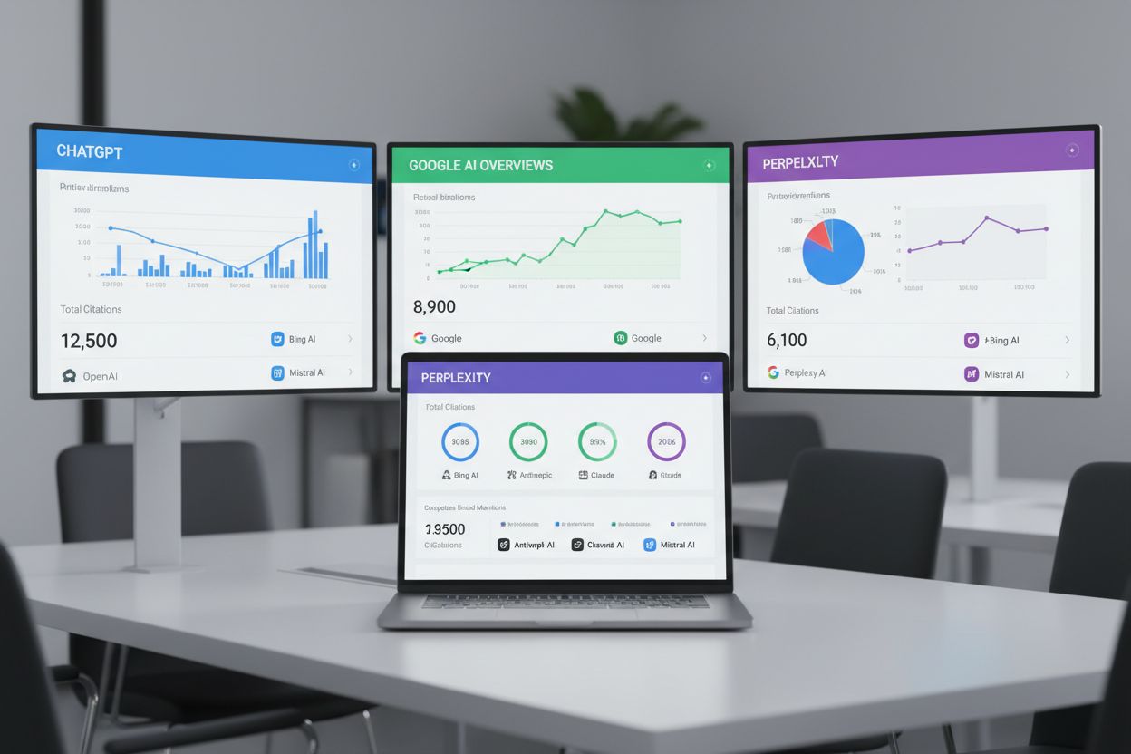 AI platform citation tracking dashboard showing ChatGPT, Google AI Overviews, and Perplexity citations