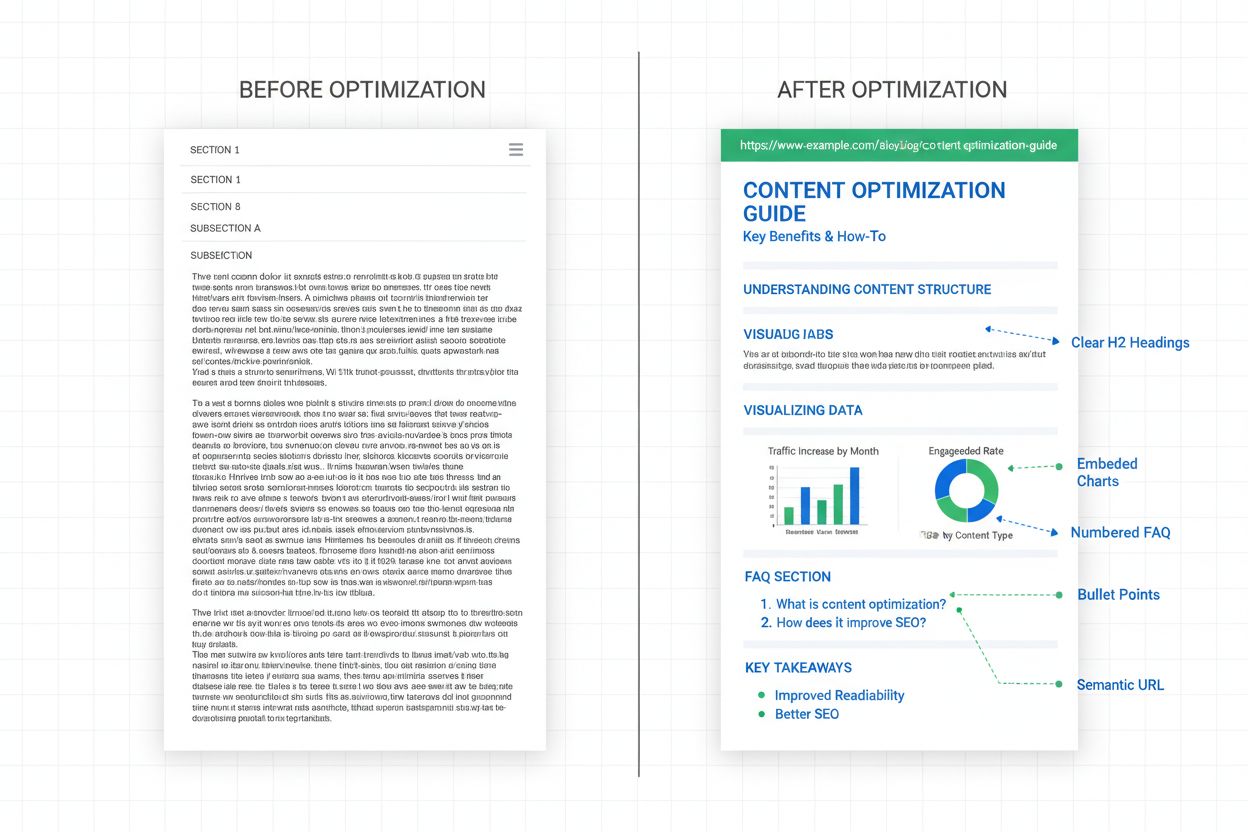 Before and after content optimization showing proper structure, headings, images, and FAQ sections