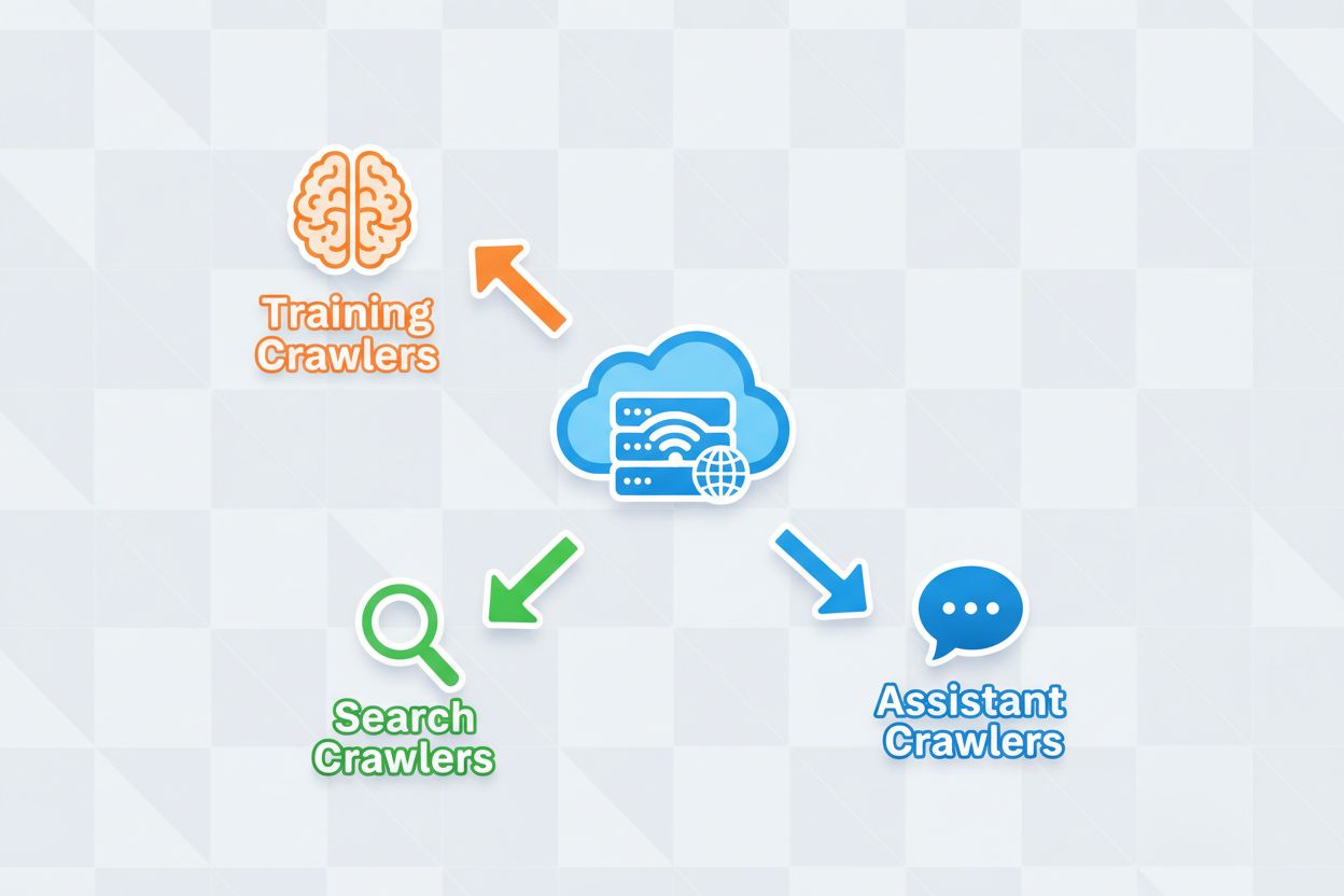 AI Crawler Types Infographic showing Training, Search, and Assistant crawlers accessing a website