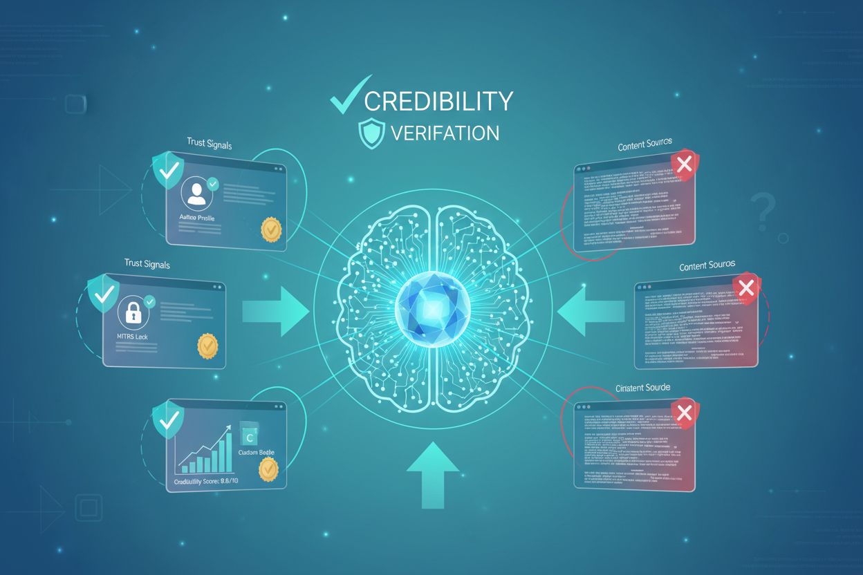 AI system evaluating content trust signals and credibility indicators
