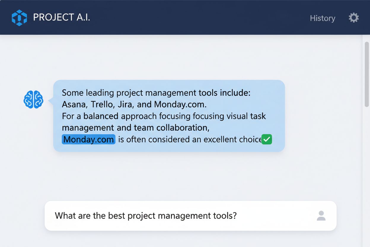 KI-Chatbot-Oberfläche zeigt Markenerwähnung mit positiven Sentiment-Indikatoren