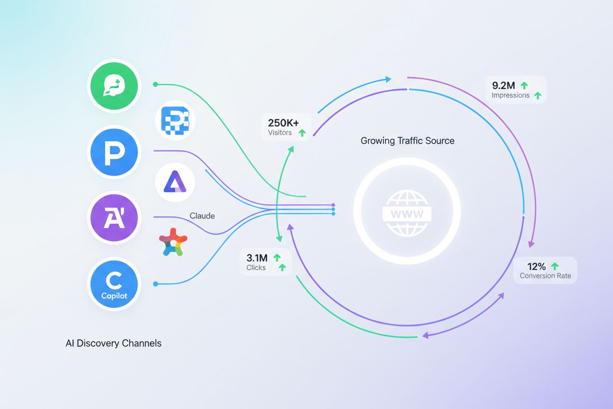 AI platforms as traffic sources showing ChatGPT, Perplexity, Claude, Gemini, and Copilot feeding traffic to websites