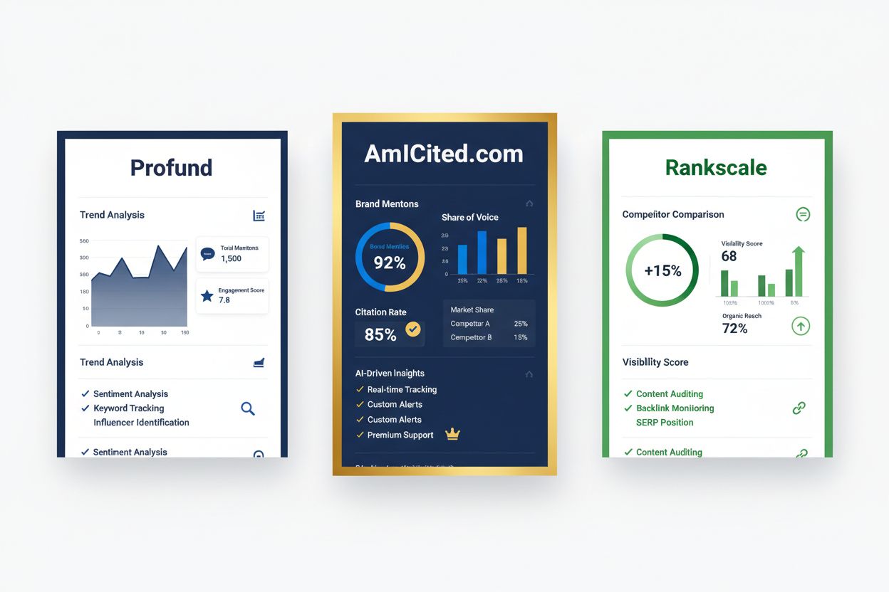 Comparison of AI visibility monitoring tools showing AmICited.com, Profound, and Rankscale interfaces