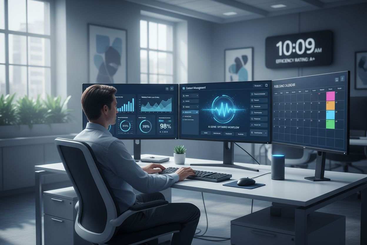 Professional workspace with AI content creation tools and analytics dashboard