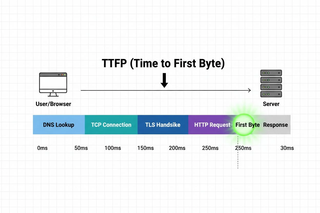 TTFB measurement visualization showing server response time components