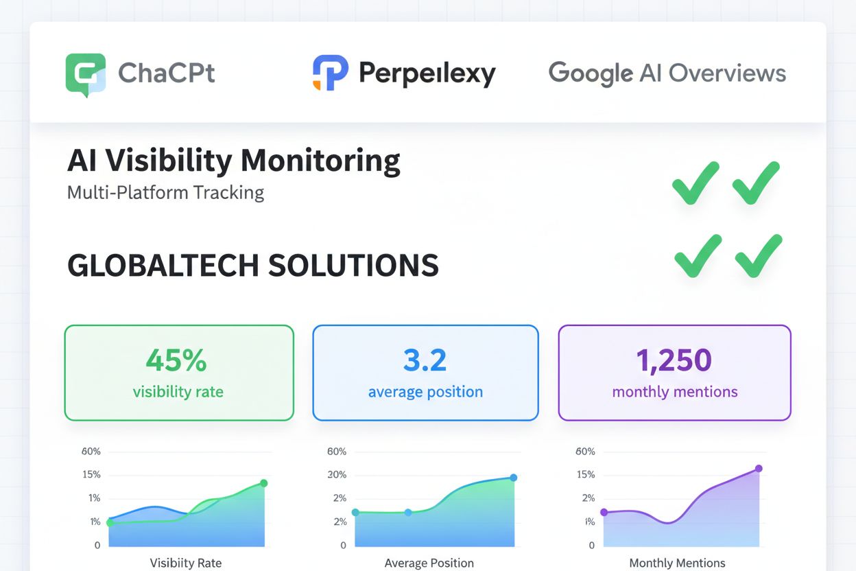 AI Visibility Monitoring Dashboard showing ChatGPT, Perplexity, and Google AI Overviews tracking with real-time metrics