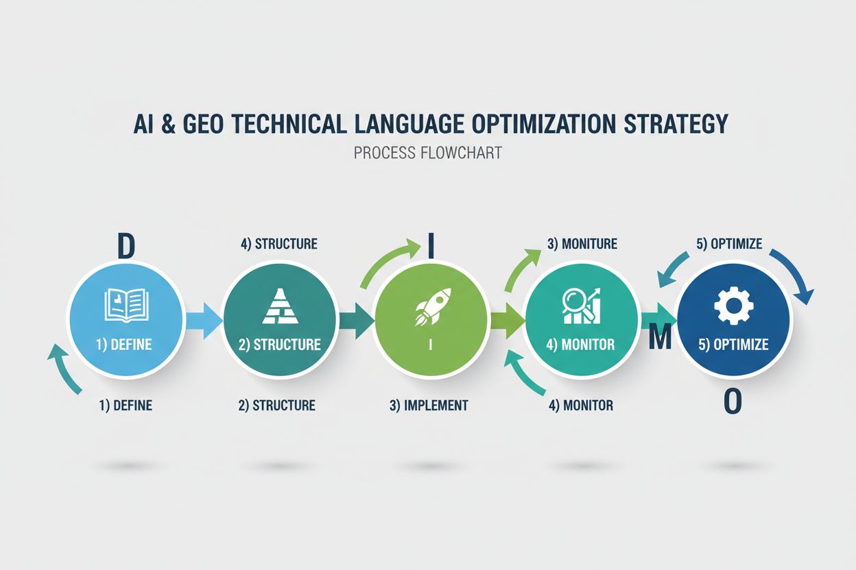 Technical language optimization strategy flowchart showing define, structure, implement, monitor, optimize steps