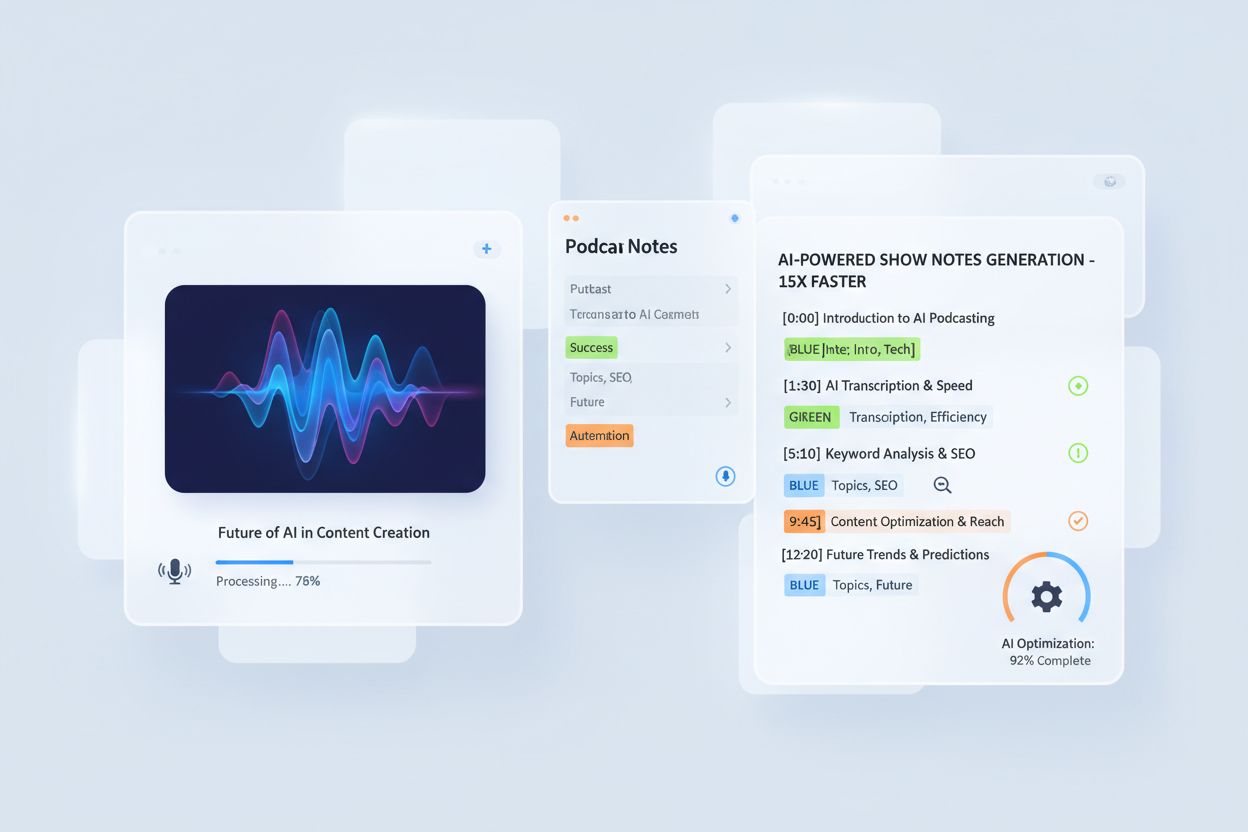 AI-powered podcast show notes generation dashboard showing automation and optimization features