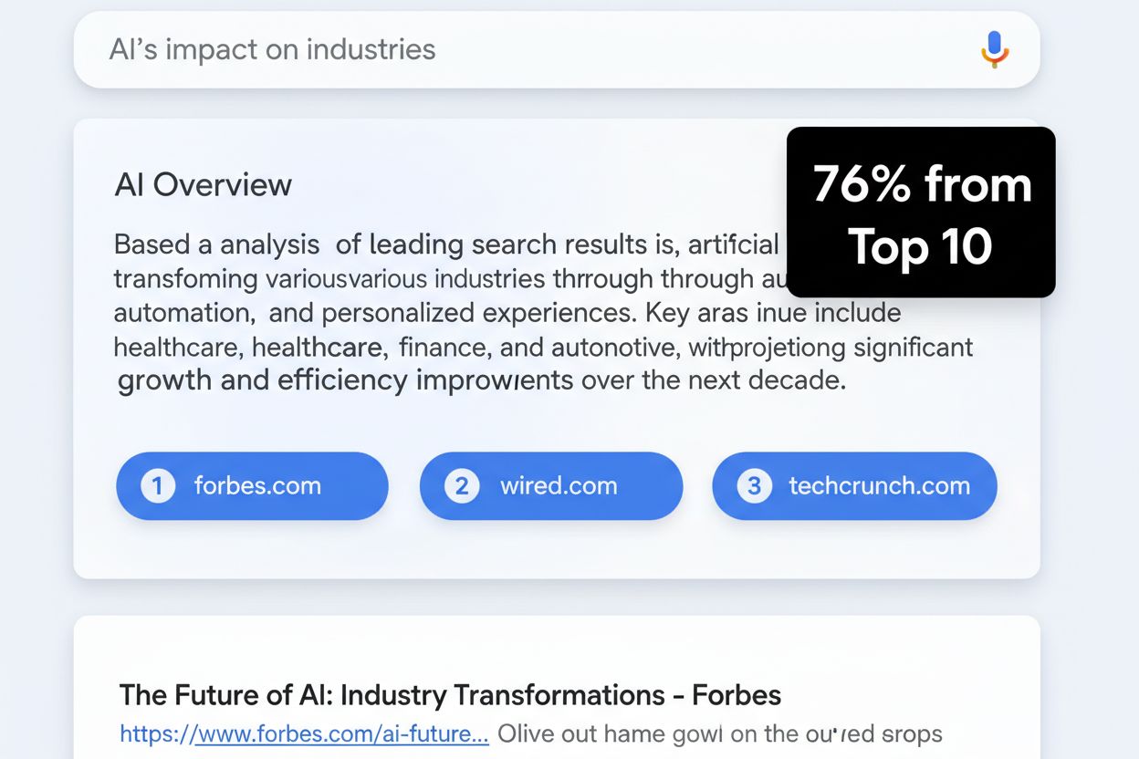 Google AI Overview interface showing citations from top 10 results with 76% statistic