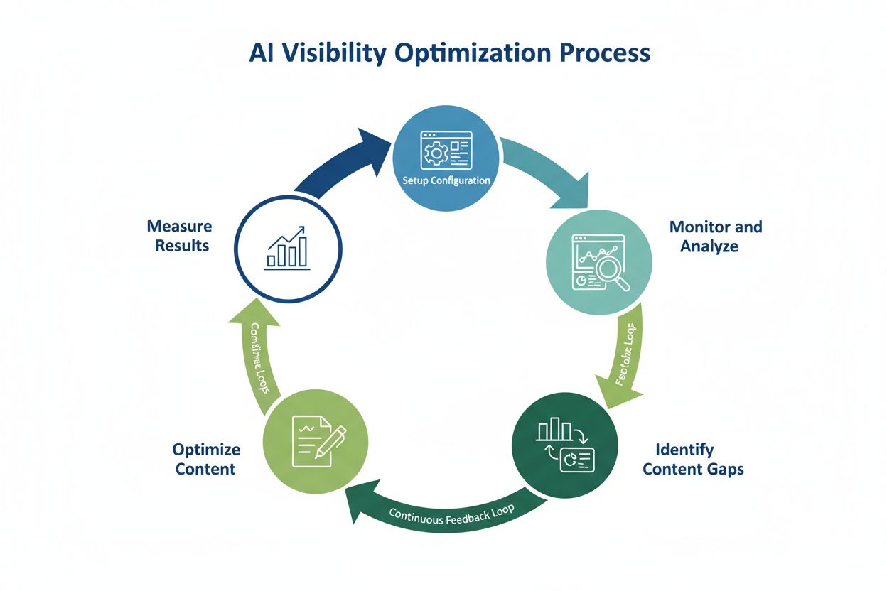 AI visibility optimization workflow showing setup, monitoring, analysis, optimization, and measurement steps